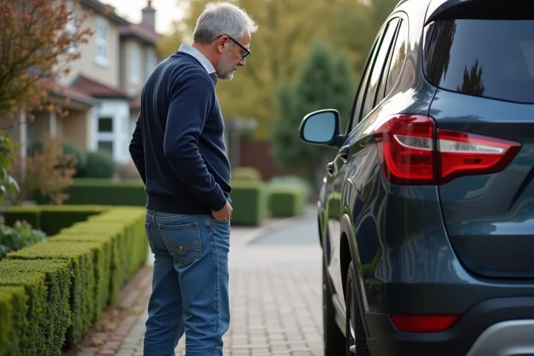 Homme d'âge moyen examine le pare-chocs arrière d'un SUV