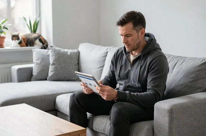 Homme consultant le plan du site Animal Time sur une tablette dans un salon contemporain avec un chat en arrière-plan