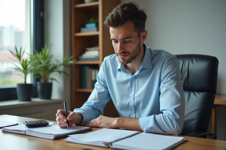 Jeune homme professionnel travaillant à son bureau organisé