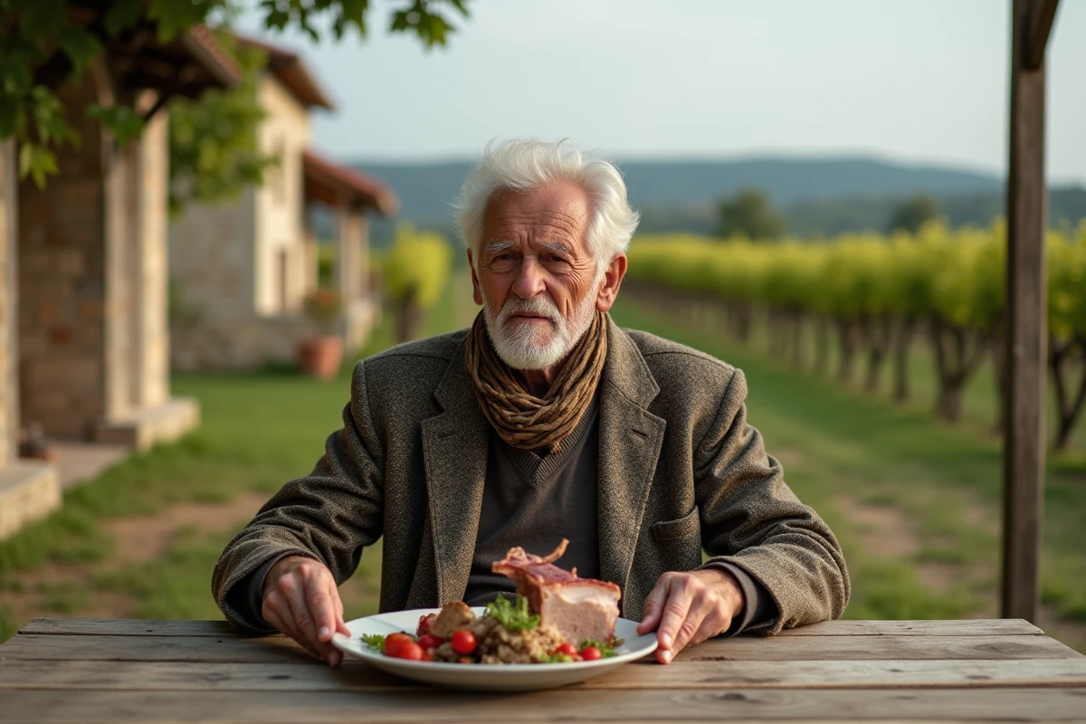 Homme âgé dégustant un pied de porc dans un vignoble rural en plein air