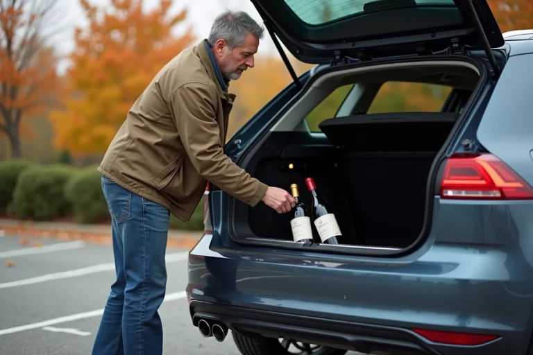 Homme d'âge moyen plaçant des bouteilles de vin dans le coffre