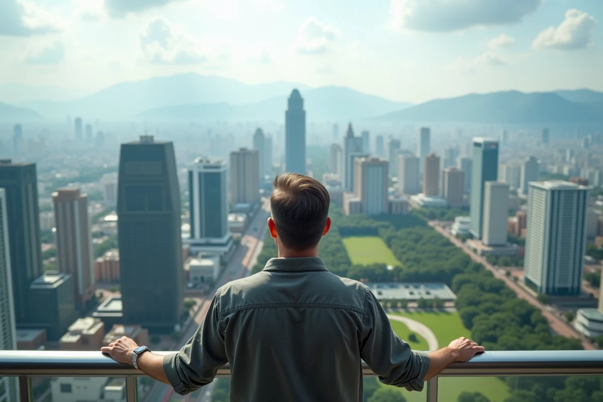 Homme regardant la ville depuis un rooftop en Amérique du Sud