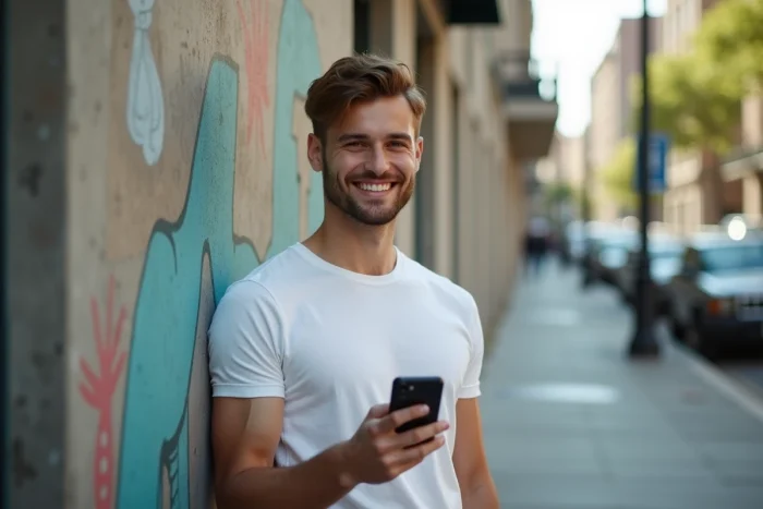 Influenceur web souriant en extérieur urbain tenant un smartphone avec interface de livestream