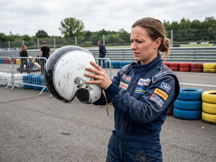 Femme inspectant visuellement son casque de karting dans le paddock avant de prendre la piste