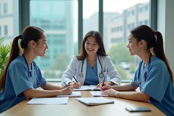 Groupe de jeunes internes en médecine étudiant la psychiatrie ensemble autour d'une table dans une salle de séminaire universitaire hospitalière