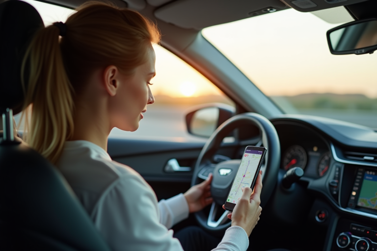 Jeune adulte au volant utilisant GPS dans une voiture moderne
