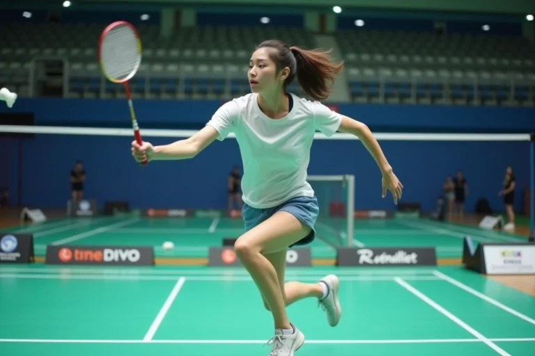 Jeune femme en action sautant pour frapper un volant au badminton