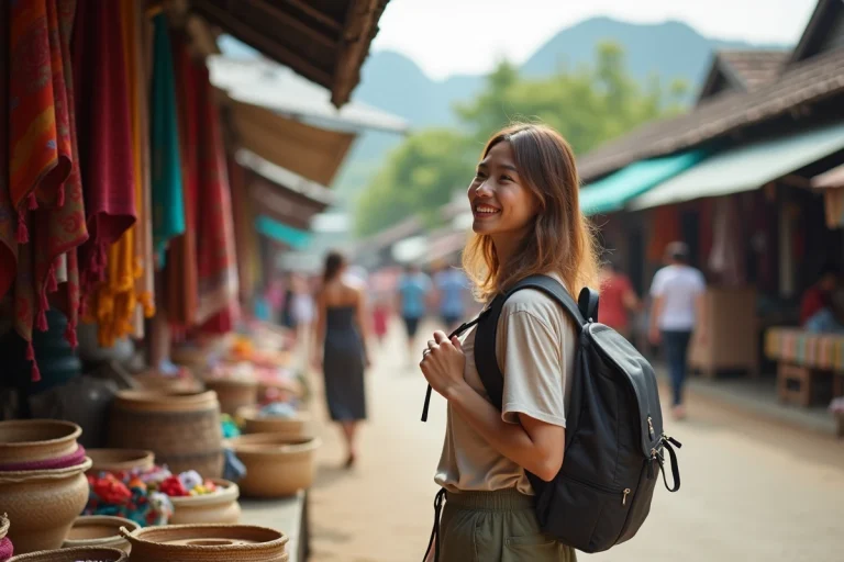 Jeune femme souriante devant un marché coloré en Asie du Sud-Est