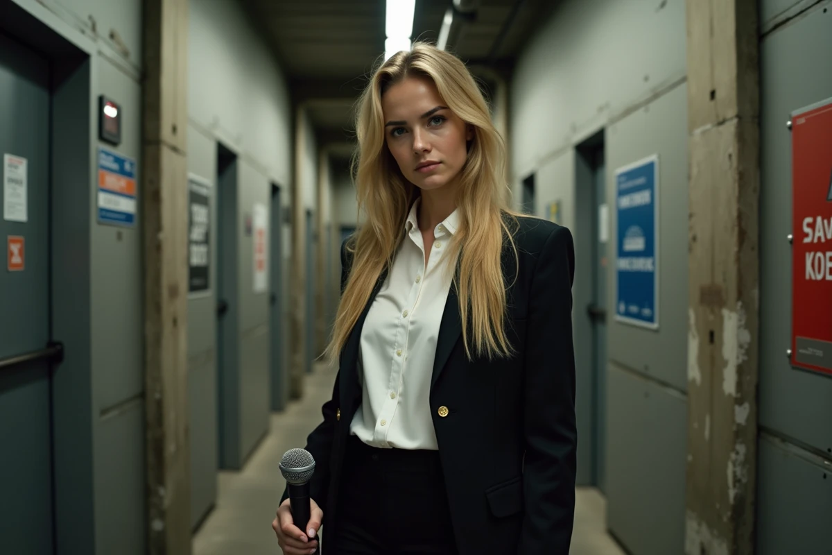 Jeune femme confiante avec microphone dans un couloir de backstage