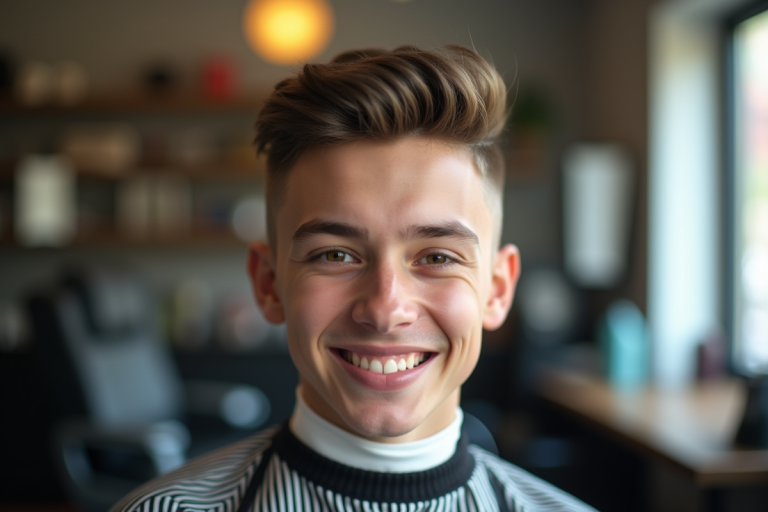 Jeune homme souriant avec coupe fade dans un salon moderne