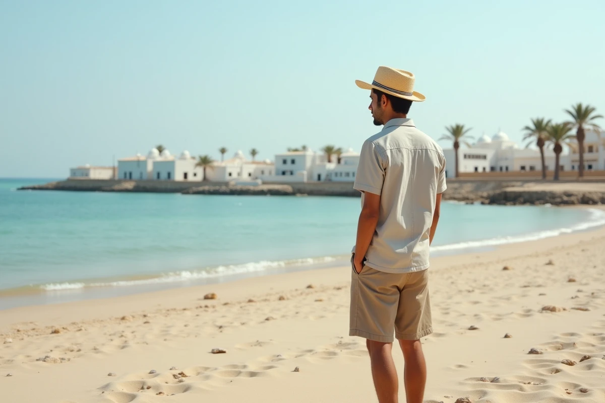 Jeune homme sur la plage de Djerba regardant la mer
