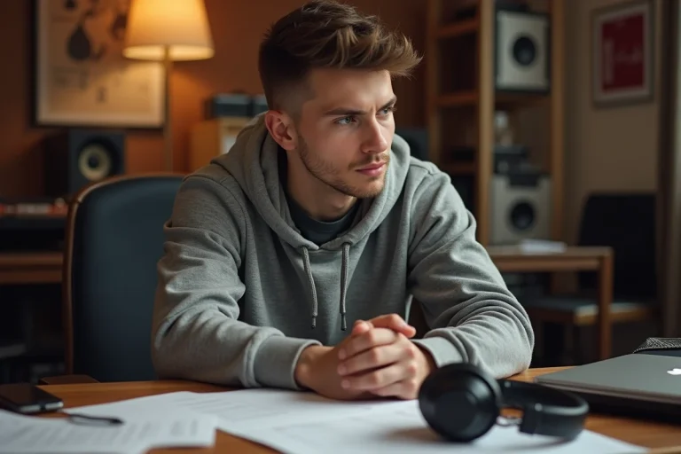 Jeune homme pensif dans un studio d'enregistrement