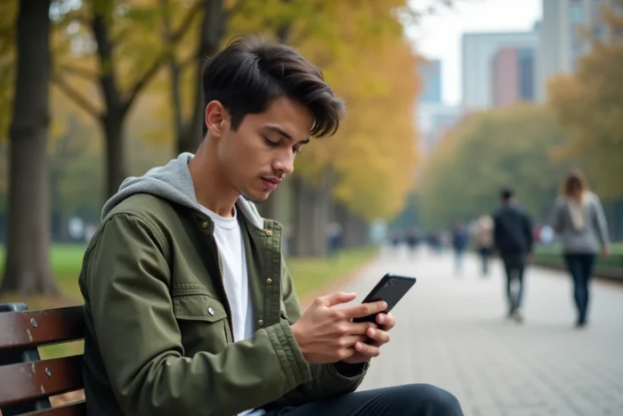 Jeune adulte naviguant sur un site d'offres d'emploi depuis son smartphone dans un parc urbain