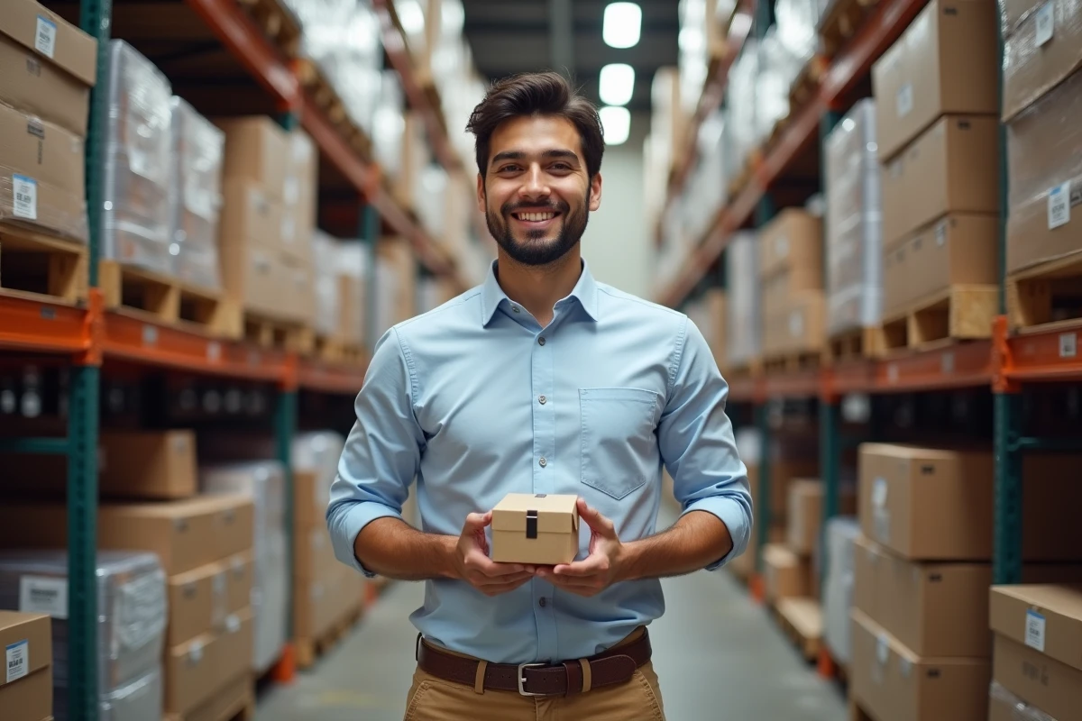 Jeune entrepreneur souriant dans un entrepôt avec produits emballés