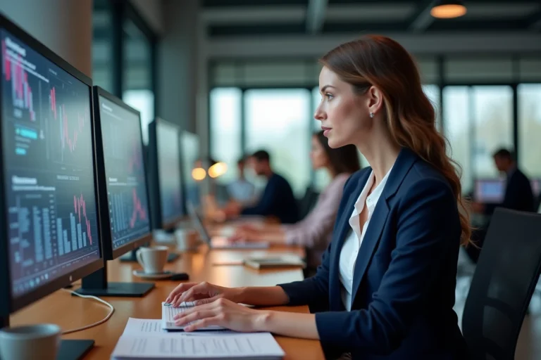 Journaliste femme consultant des flux d'actualités en continu sur plusieurs écrans dans une salle de rédaction moderne