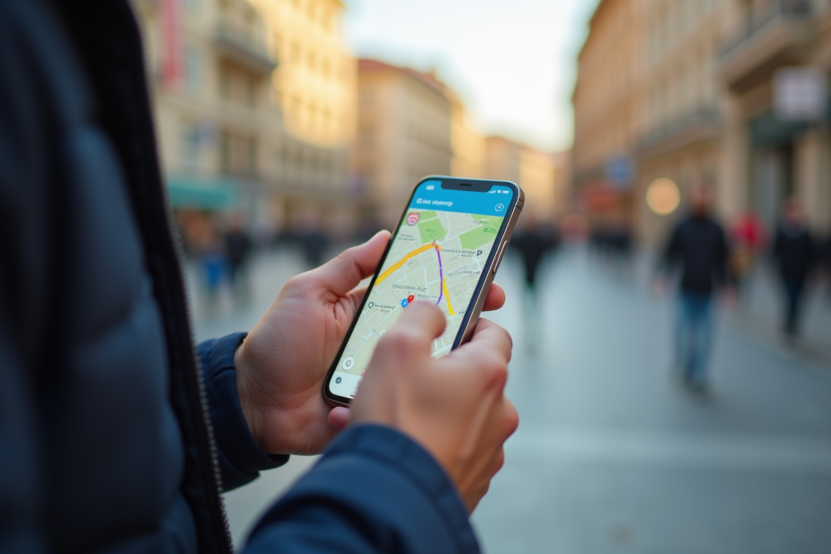 Main utilisant GPS sur smartphone dans un environnement urbain