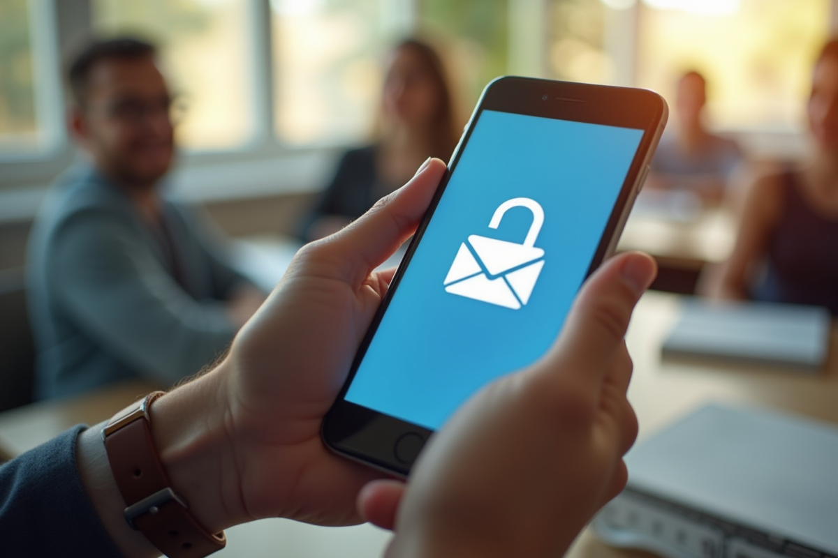 Mains tenant un smartphone affichant une application email sécurisée