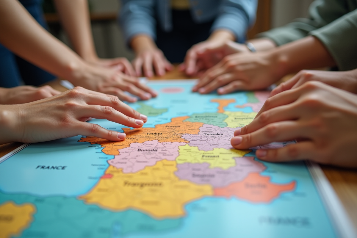 Mains variées touchant une carte colorée de France sur une table