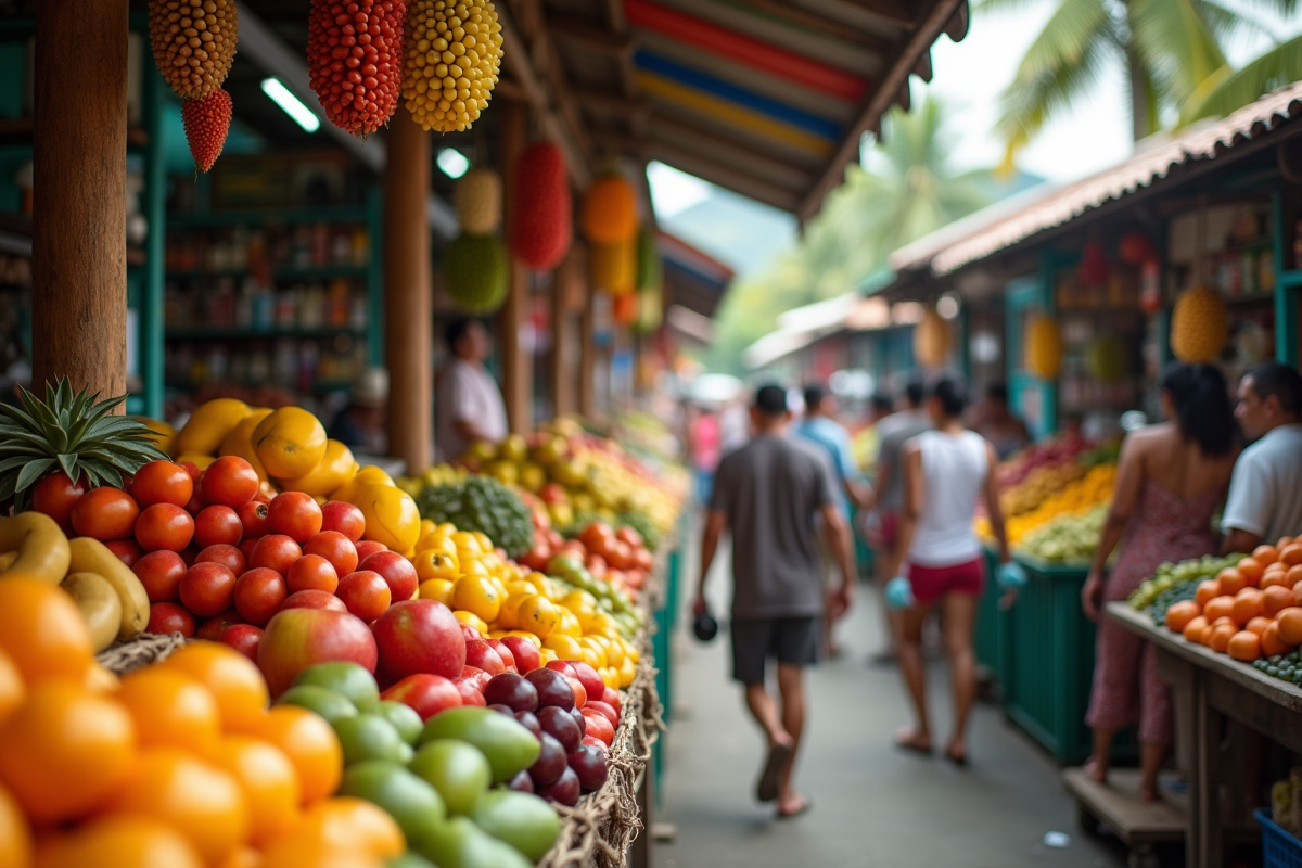Marché local aux fruits colorés dans les Antilles avec passants