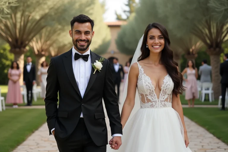 Jeune couple en tuxedo et robe de mariée dans un jardin méditerranéen