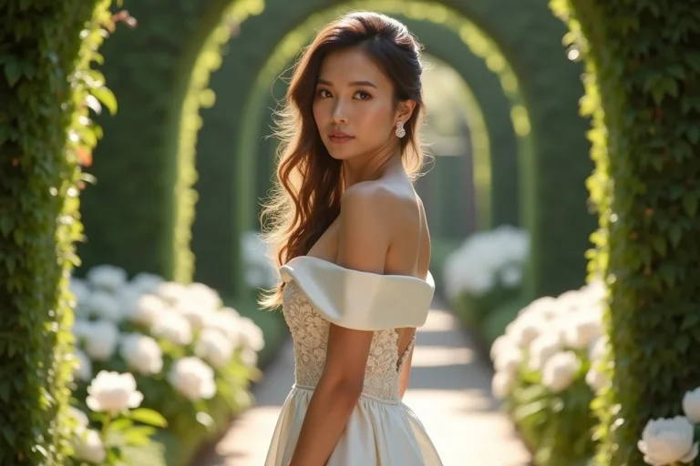 Mariée en robe de mariée contemporaine en soie dans un jardin botanique fleuri, tendances mariage 2024