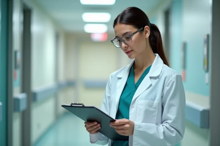 Médecin femme en blouse blanche consultant ses notes dans un couloir d'hôpital psychiatrique moderne, symbolisant l'attrait de la psychiatrie pour les jeunes médecins