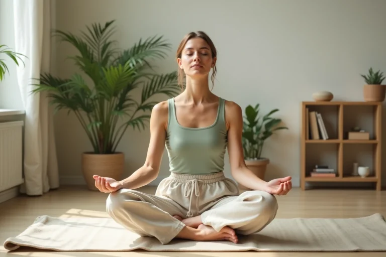 Femme pratiquant la méditation sur un tapis de yoga en lin dans un salon minimaliste pour améliorer son bien-être quotidien