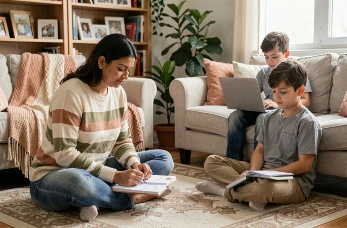 Mère célibataire d'origine sud-asiatique organisant le planning familial avec son fils adolescent dans un salon moderne et confortable