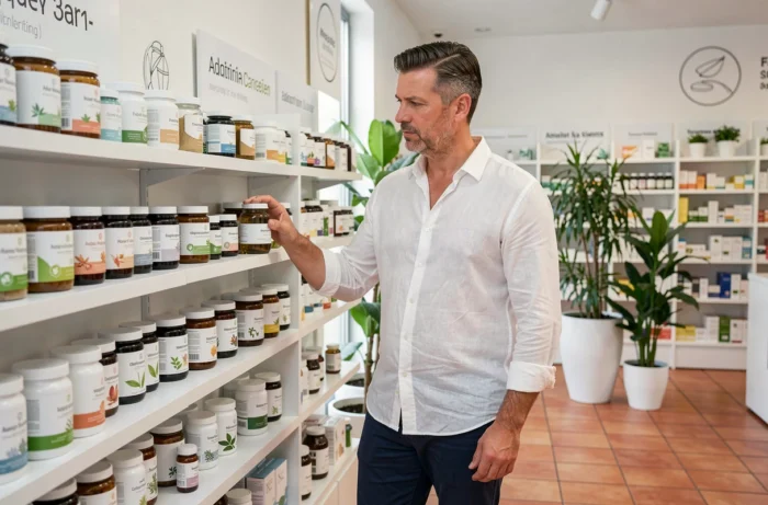 Homme explorant de nouveaux produits de santé et compléments alimentaires dans une boutique bien-être moderne et épurée