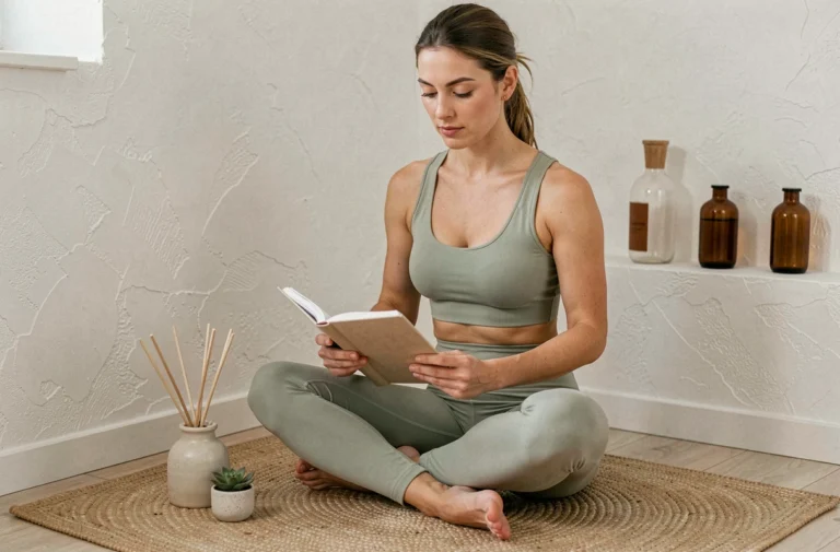 Femme pratiquant le bien-être à domicile avec un journal de santé et des accessoires naturels dans un espace minimaliste scandinave
