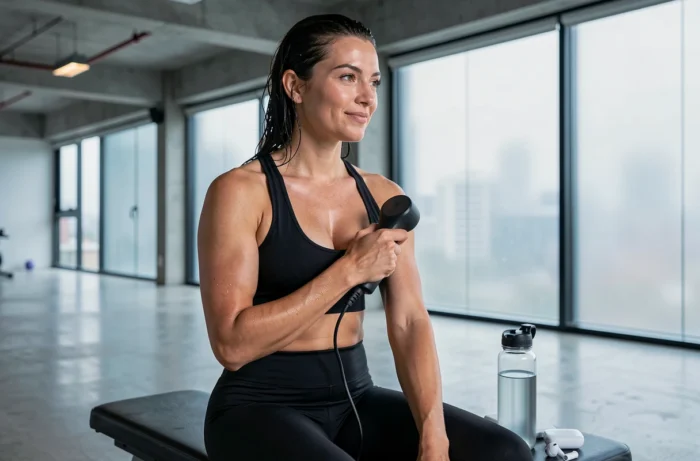 Jeune femme utilisant un appareil de récupération musculaire innovant après l'entraînement dans un studio de fitness moderne