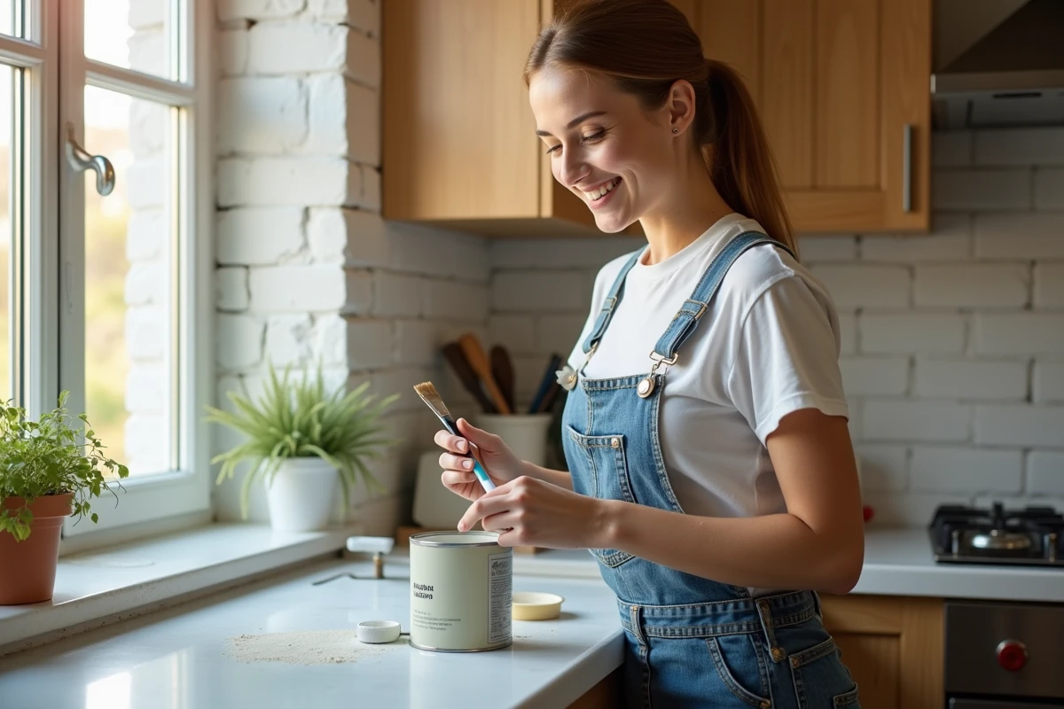 Jeune femme peint un cadre de fenêtre dans une cuisine ensoleillée