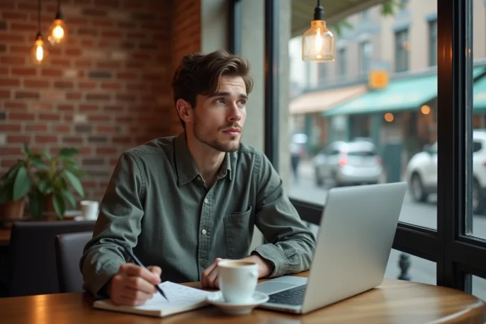 Personnalité internet masculine réfléchissant dans un café devant un ordinateur portable et des notes manuscrites