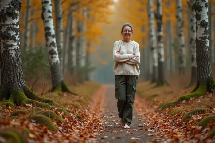 Femme se promenant pieds nus en forêt en automne pour se ressourcer et améliorer son bien-être naturel
