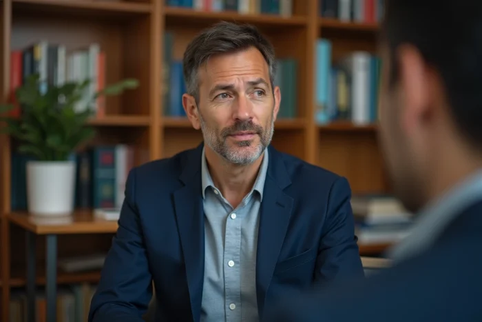 Psychiatre homme attentif en consultation dans son cabinet médical chaleureux, illustrant le choix de la psychiatrie comme spécialité médicale