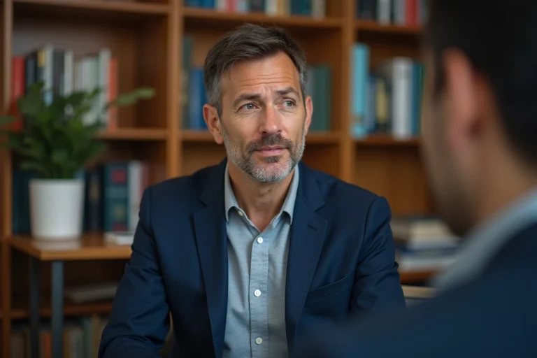 Psychiatre homme attentif en consultation dans son cabinet médical chaleureux, illustrant le choix de la psychiatrie comme spécialité médicale