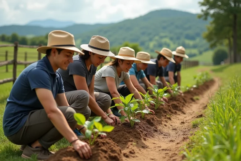 Groupe d'adultes et adolescents plantant des arbres dans la campagne