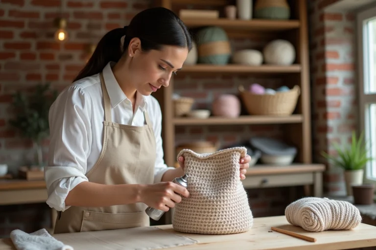 Femme appliquant un spray rigidifiant sur un sac au crochet fait main dans un atelier artisanal