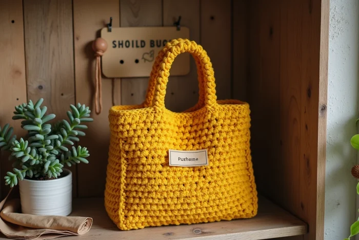 Sac au crochet en coton moutarde rigidifié posé sur une étagère en bois dans un atelier artisanal