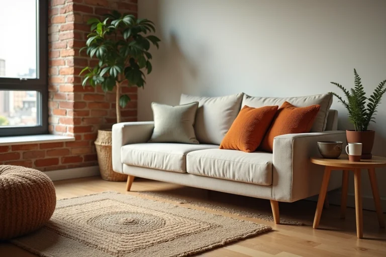 Salon moderne et chaleureux avec canapé en lin, table en bois et plantes décoratives dans un appartement urbain