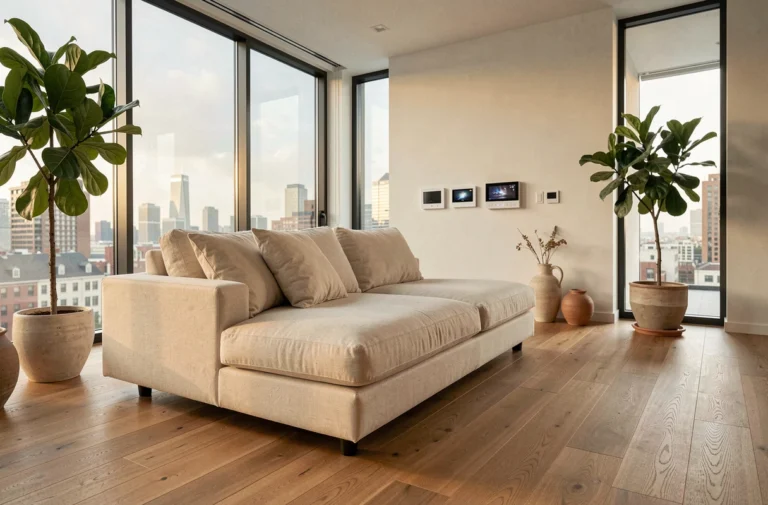 Salon moderne avec design scandinave minimaliste, parquet chêne et panneaux domotique intégrés dans un mur blanc mat