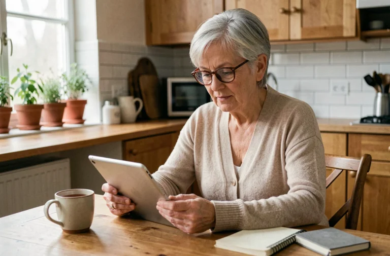 Senior française utilisant une tablette numérique dans sa cuisine pour améliorer son quotidien