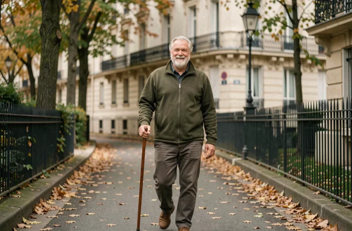 Senior homme se promenant dans une rue française avec une canne pour rester actif au quotidien