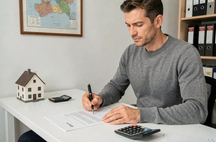 Homme signant des documents de prêt immobilier dans un bureau à domicile minimaliste lors d'un projet d'achat
