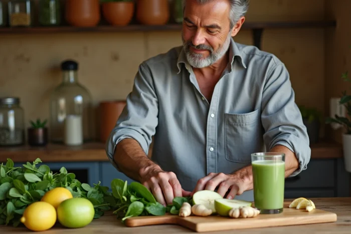 Homme préparant un smoothie vert avec des ingrédients naturels dans une cuisine rustique pour un mode de vie sain