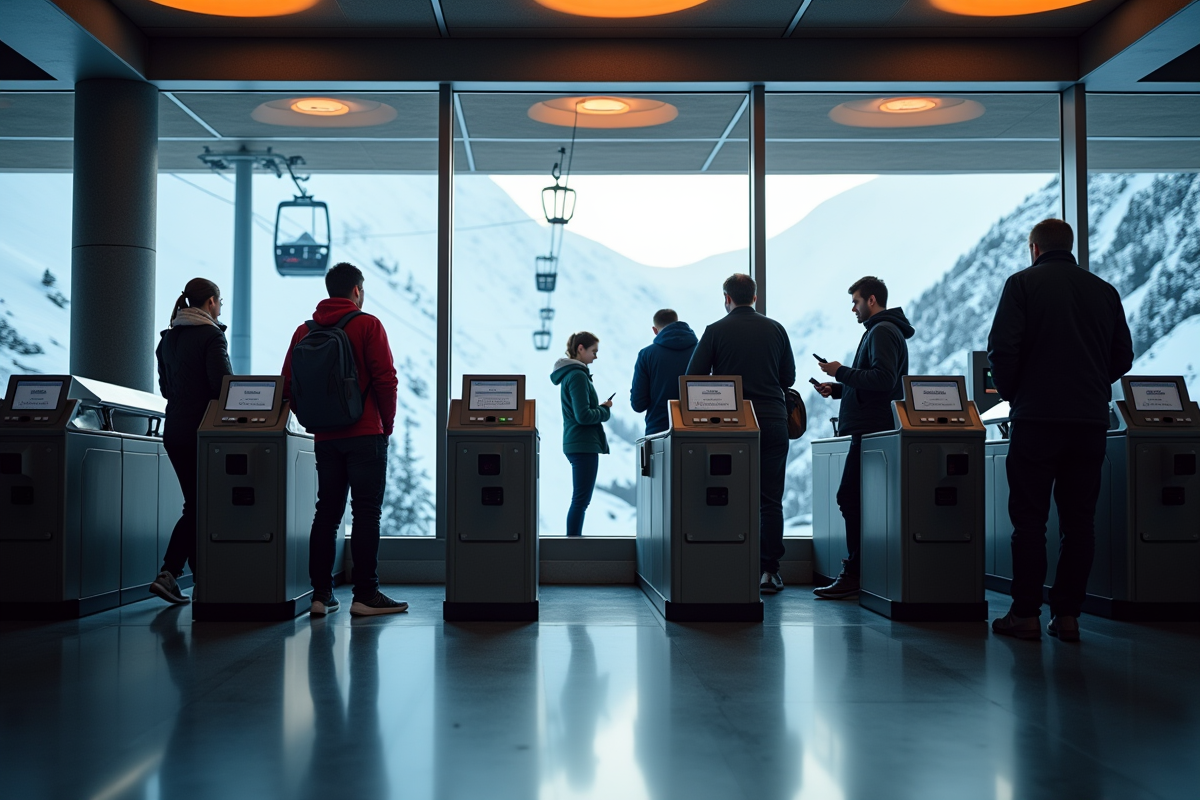 Intérieur station de téléphérique alpin avec visiteurs