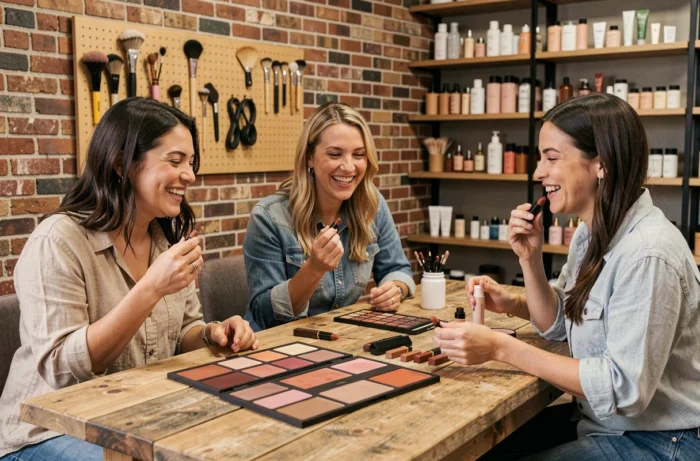 Trois femmes testant des teintes de rouge à lèvres tendance dans un studio beauté moderne, actualités maquillage 2024