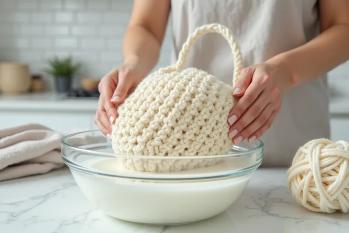 Mains trempant un sac au crochet dans une solution d'amidon pour le rigidifier sur un comptoir en marbre