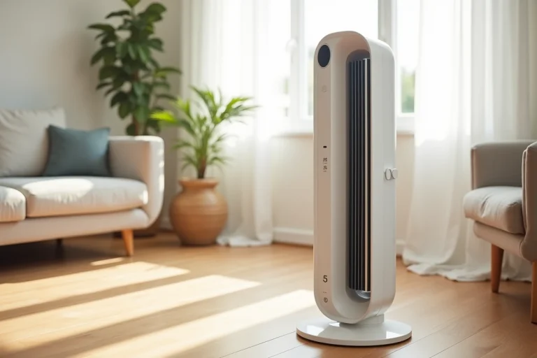 Ventilateur colonne blanc Valberg posé sur un parquet en bois dans un salon moderne et lumineux