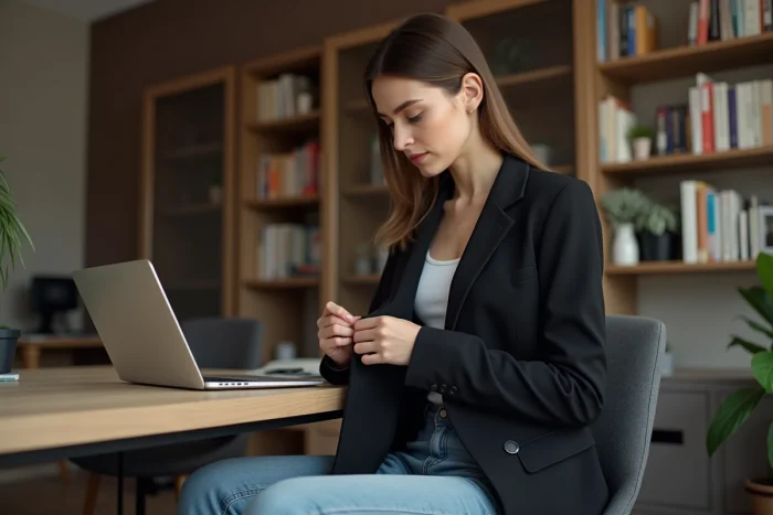 Jeune femme inspectant l'étiquette d'un vêtement Asos pour vérifier son authenticité à son bureau